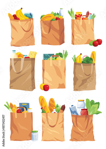Collection of paper shopping bags products grocery. Vegetables, bread, dairy products, vine, meat and eggs. Grocery supermarket. Fresh healthy produce. Grocery delivery concept