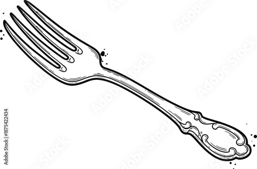 Detailed black and white sketch illustration of an antique silver dinner fork with ornate handle isolated on a white background canvas.