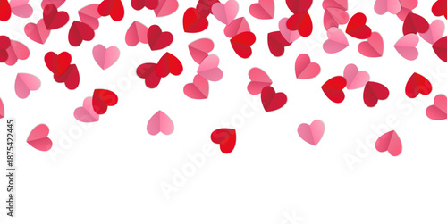 Vector decorative seamless pattern with folded paper hearts in red and pink isolated on white background