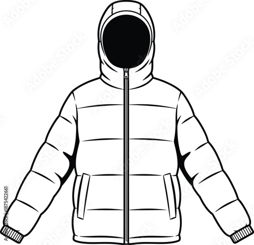 a black and white illustration of a puffy winter jacket with a hood and front zipper is displayed on a white background