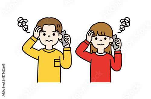 困った表情でスマホで通話する、若い男性と女性・学生のベクターイラスト素材セット＿カラー