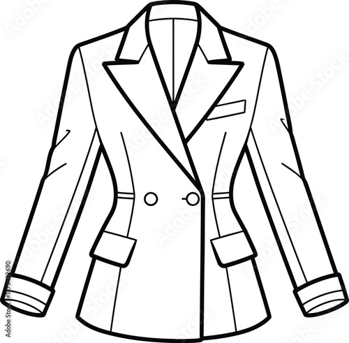 a minimalist line drawing depicts a single women s blazer showcased in black and white highlighting its tailored shape and classic design elements