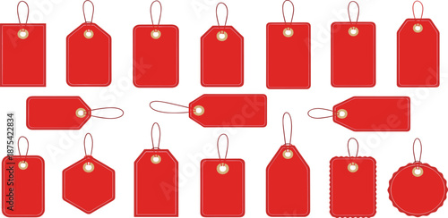 A Collection of Various Red Price Tags and Labels with Different Shapes and Sizes for Retail and Commercial Use