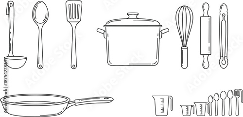 Collection of stylized kitchen utensils including a stock pot, frying pan, measuring cups, spoons, whisk, rolling pin, and serving tools for cooking outlines