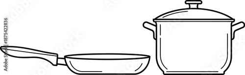Simple black line art illustration featuring essential cooking equipment including a handled frying pan and a lidded stockpot isolated on white background