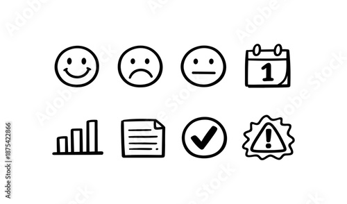 Hand-drawn icons representing feedback, tasks, and alerts on a white background