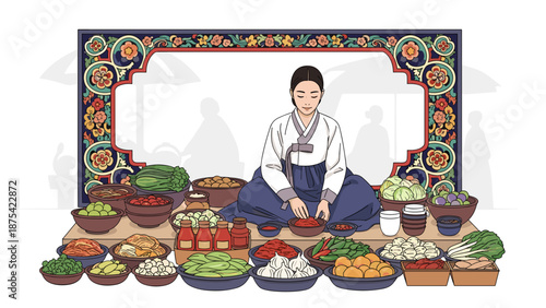 Korean woman in traditional hanbok sells fresh produce at the market, ideal for agricultural articles and food industry advertisements