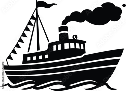 a classic black and white illustration depicts a vintage steamship sailing on waves emitting smoke from its chimney and a fluttering flag