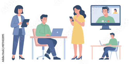 Professional Business Characters Flat Vector Illustration Set for Modern Workspace Communication and Remote Team Collaboration
