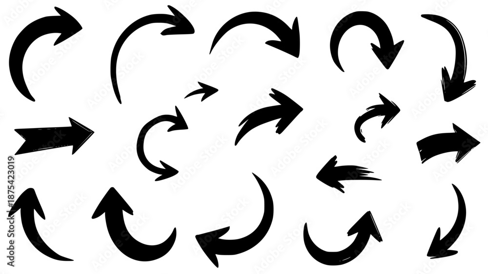 Fototapeta premium Collection of various hand-drawn black direction arrows showcasing different shapes, curves, and pointing styles for design.