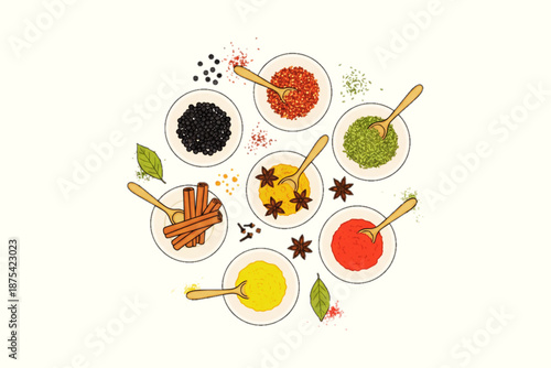 Spice bowls with various herbs and seasonings on white background