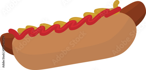 Minimalist flat vector illustration of a hot dog with mustard and ketchup, perfect for fast food menus, concession stand signage, and casual dining digital icons.