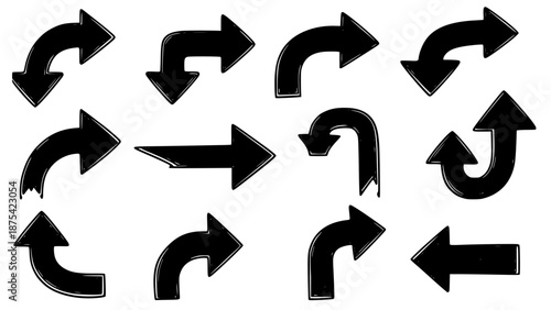 A collection of twelve hand-drawn, black, sketchy style arrows indicating various directions for graphic design elements.