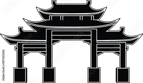 a black and white illustration depicts a traditional east asian gate or torii structure showcasing architectural details and cultural symbolism