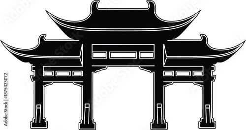 a striking black and white illustration depicts a traditional east asian style torii gate with intricate architectural details and a minimalist aesthetic