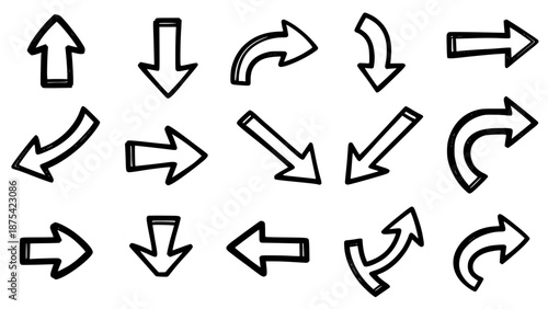 A collection of hand drawn black and white directional arrows illustrating various navigation and movement concepts perfectly.