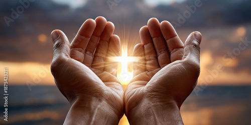 Two palms, raised to the sun, carefully hold a luminous abstract cross against the backdrop of the sea horizon, at sunset. symbol of faith, hope, prayer and spiritual light.