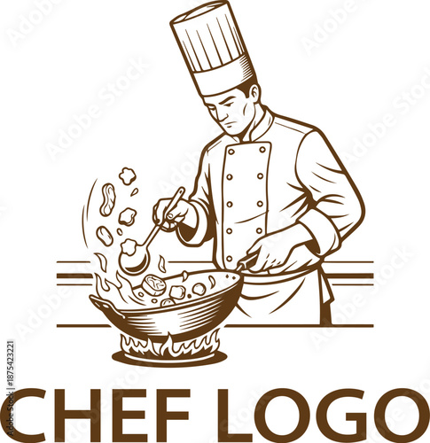 Chef cooking vector with wok, airborne ingredients, flame, ladle, and bold decorative CHEF text
