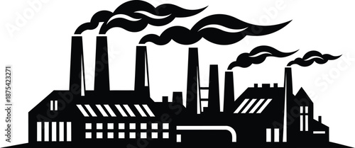 a stark black and white depiction showcases a factory complex with multiple smokestacks billowing dark plumes of smoke illustrating industrial activity