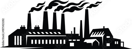 a stark black and white illustration depicts an industrial complex with multiple smokestacks emitting dark plumes of smoke suggesting pollution and manufacturing