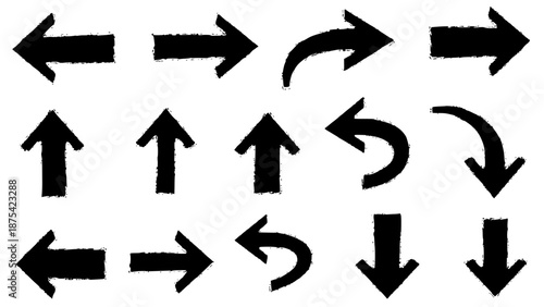 Collection of fifteen grungy black hand-drawn arrow icons indicating various directions like up, down, left, and curved movement.