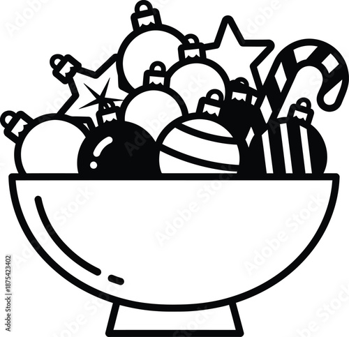 a simple black and white illustration depicts a bowl overflowing with various christmas ornaments and candy canes creating a festive scene