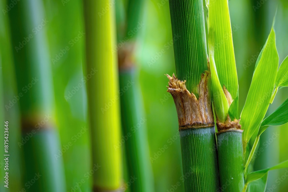 Fototapeta premium Close-up of vibrant green bamboo stalks, fresh leaves, natural bokeh, soft lighting