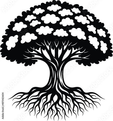 a striking black and white illustration depicts a full tree with dense foliage and a complex root system offering a natural aesthetic