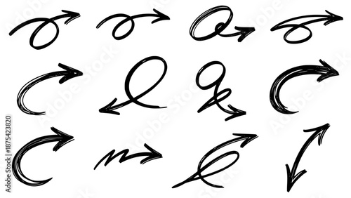 Collection of twelve hand drawn black arrows featuring scribbled loops, curves, and directional indicators against white