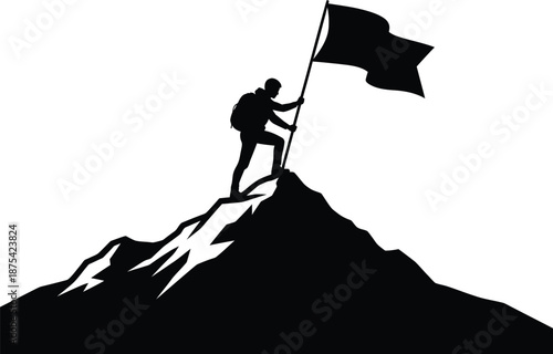 a silhouette of a hiker stands triumphantly atop a mountain peak waving a dark flag in the air representing success