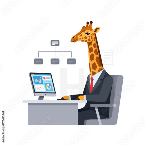 Vector illustration of anthropomorphic giraffe business manager working at the office.