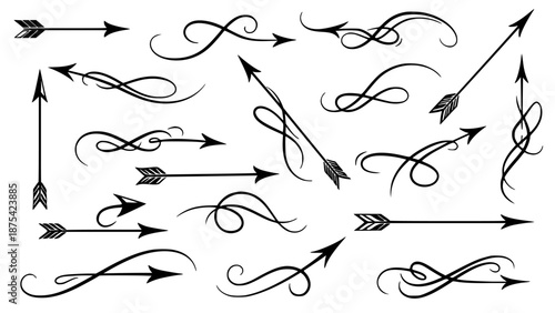 Collection of ornamental black tribal style arrows featuring decorative swirls and classic vintage pointing elements