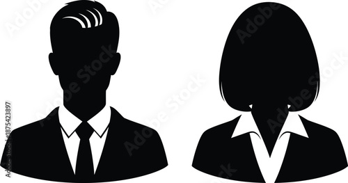 a simple black and white illustration depicts the silhouettes of a man and a woman both wearing professional attire facing forward