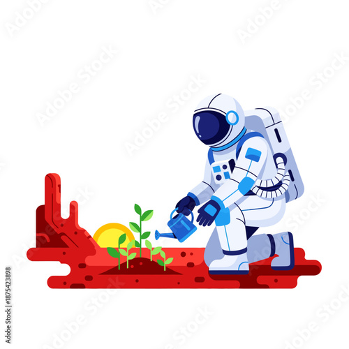 Vector illustration of an astronaut planting a seedling on the surface of Mars.
