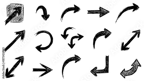 Collection of hand-drawn black sketchy arrows illustrating various directions, turns, and graphical navigation elements perfectly.