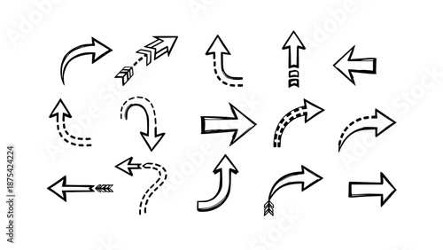 Collection of diverse hand-drawn black and white arrow icons illustrating various directions, curves, and dashed path indicators.