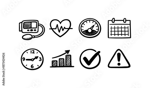 Hand-drawn icons for health, time, progress, and important alerts