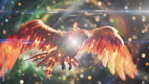 A magnificent mythical phoenix a legendary bird of fire and rebirth soars majestically through a vibrant cosmic galaxy its fiery wings glowing intensely amidst sparkling bokeh lights and ethereal neb.