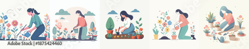 A Girl Planting Flowers Vector Illustration