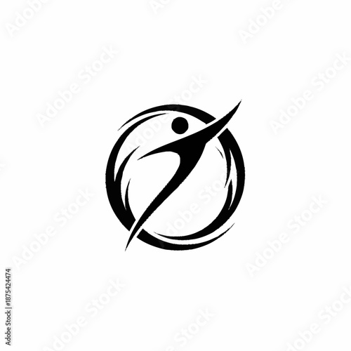 Dynamic human figure within a swirling circular emblem.