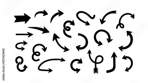 A diverse collection of hand-drawn style black arrows showcasing various directional indicators, curves, and unique shapes for design use.