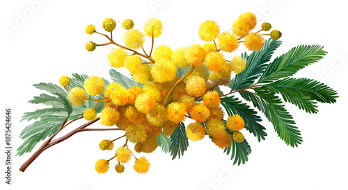 Digitally painted close-up of a mimosa branch with vibrant yellow blossoms and green leaves