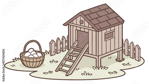Charming wooden chicken coop with eggs in basket outside