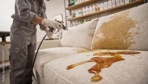 Medium shot of a worker treating upholstery with an oilrepellent coating demonstrating enhanced resistance to greasy stains on soft sofa materials.