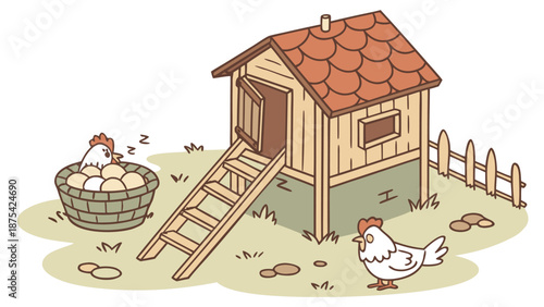 Cute chickens near wooden coop with red roof and egg basket