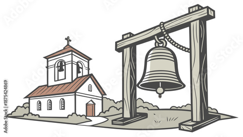 Quaint church with bell tower and large bell on wooden stand