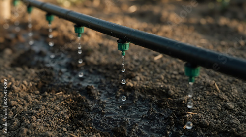 Wallpaper Mural Drip irrigation system watering dry soil in a garden. Water droplets falling from emitters for efficient agriculture and plant growth Torontodigital.ca
