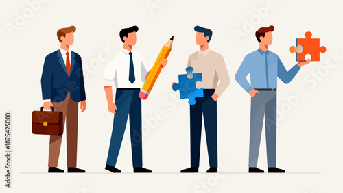 Four men in business attire with symbolic items