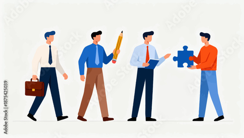 Four stylized business men interacting