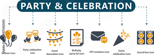 Party and Celebration Infographic 7 Event Planning and Social Gathering Icons with Orange Accents for Invitations, VIP Events and Festive Marketing